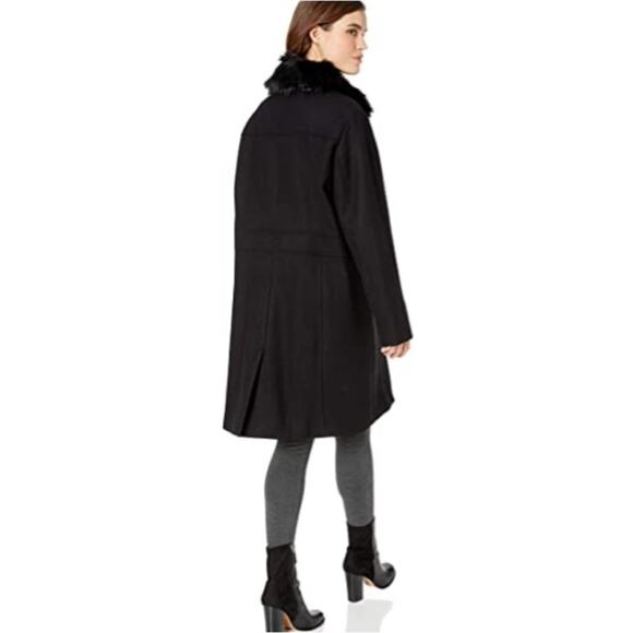 NWOT Rachel Roy Women’s Faux Fur Trim Pea Trench Length Coat Black Size Large - Picture 2 of 11